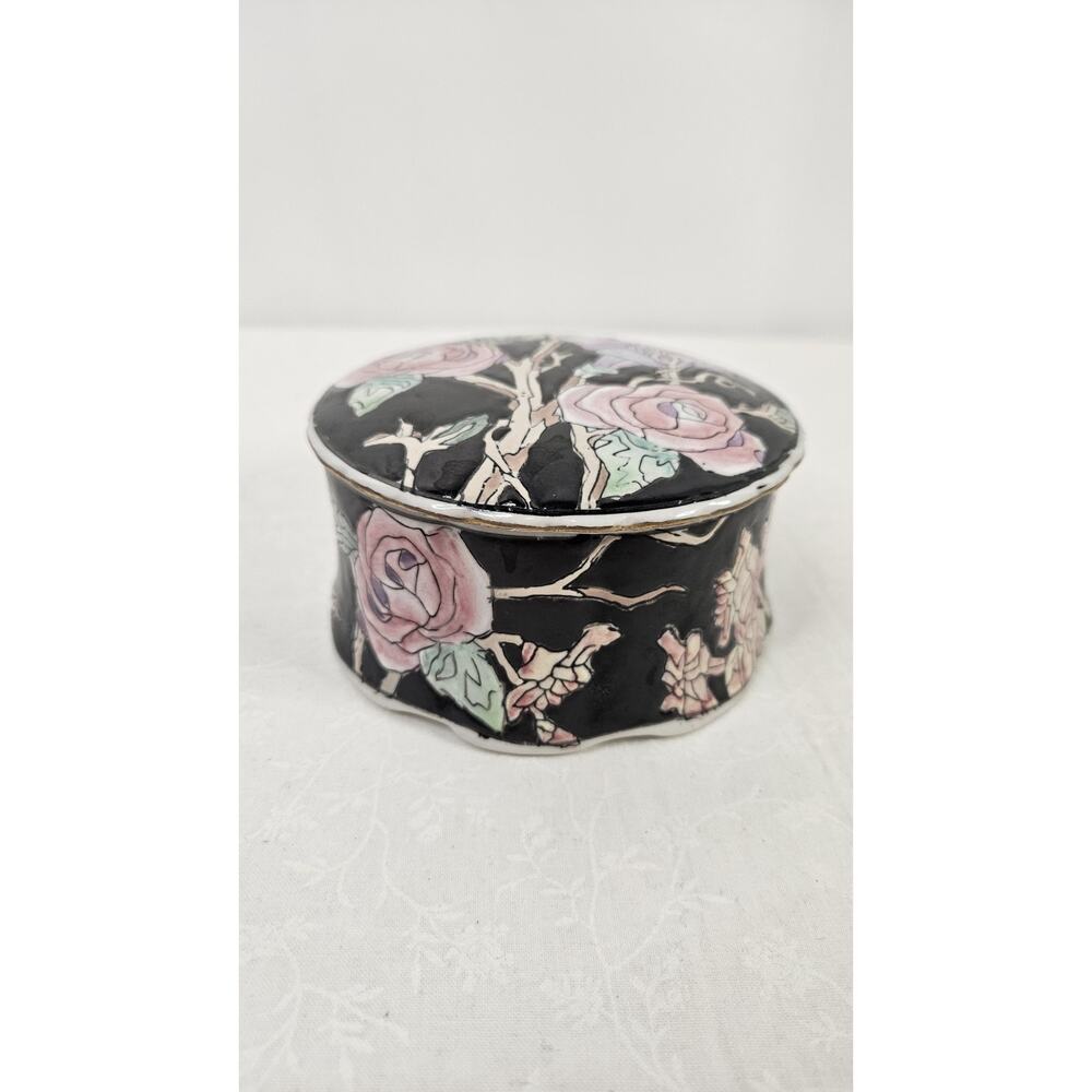 Vintage Toyo Powder Box Vintage Trinket Box Black Floral Cottage Core 4.5"